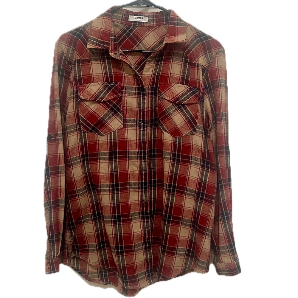 Ladies Plaid Flannel Button Down, Size Medium